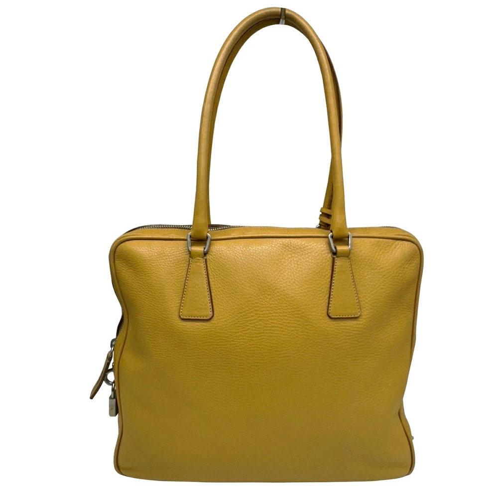 PRADA Tote Bag Leather Triangle Plate Sesame Ochre Yellow Brown